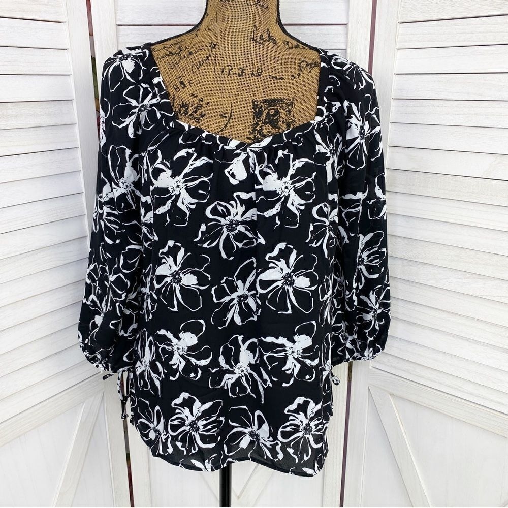 Banana‎ Republic Floral Tunic Blouse Black White 3/4 Sleeve Size XS